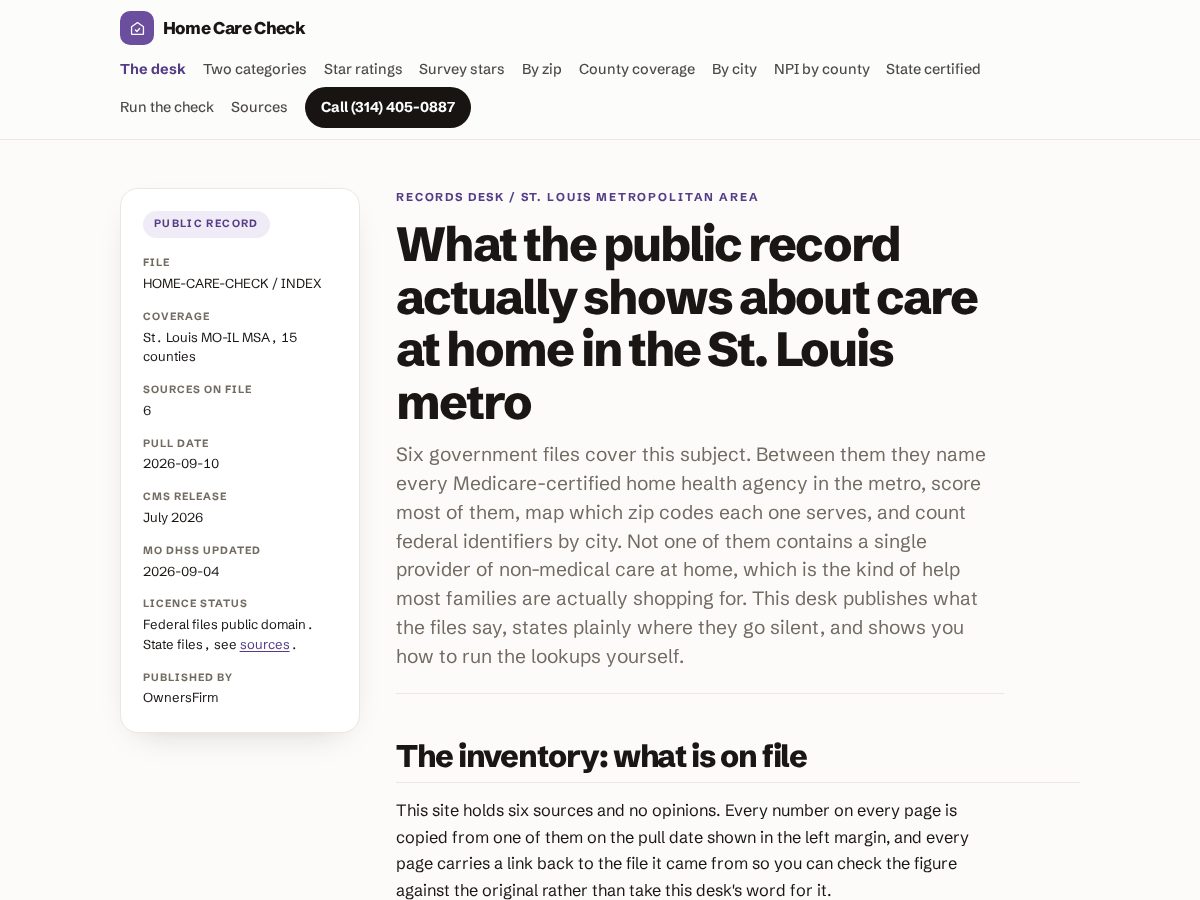 Landing-page snapshot of homecarecheckstl.com