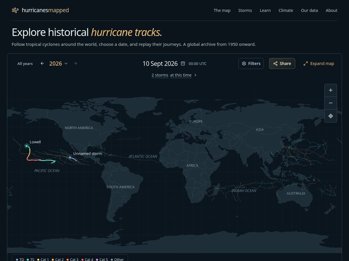 Landing-page snapshot of hurricanesmapped.com