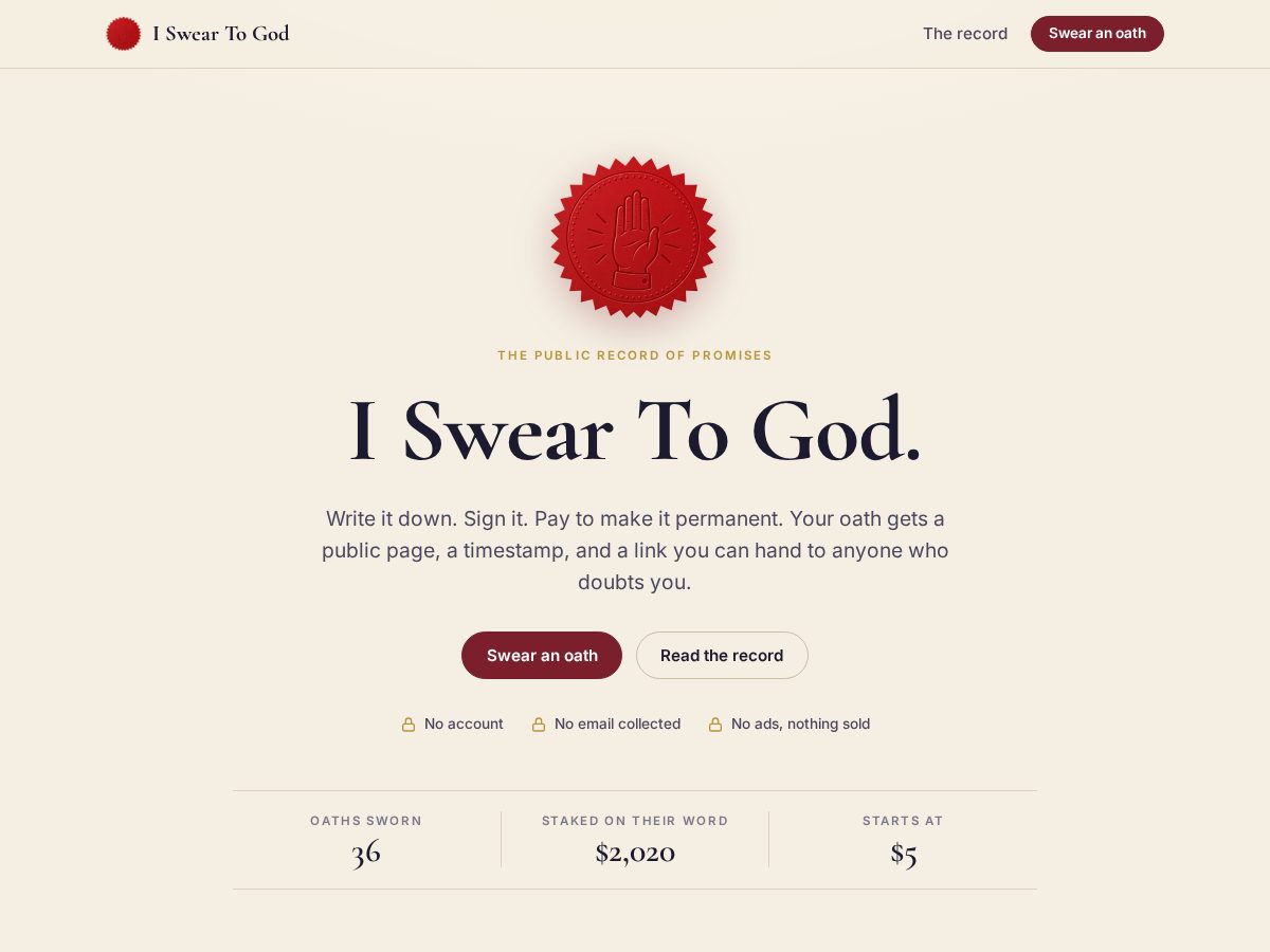Landing-page snapshot of isweartogod.app