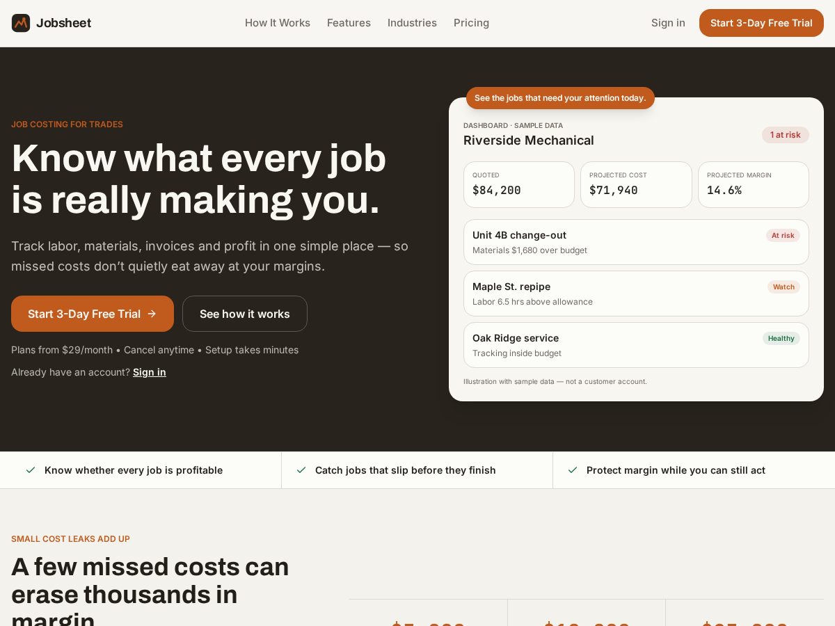 Landing-page snapshot of jobcosttracker.com