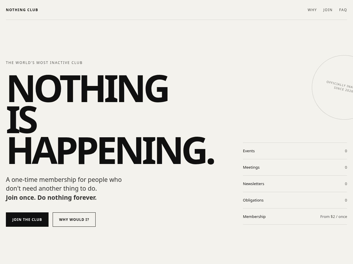 Landing-page snapshot of joinnothing.com