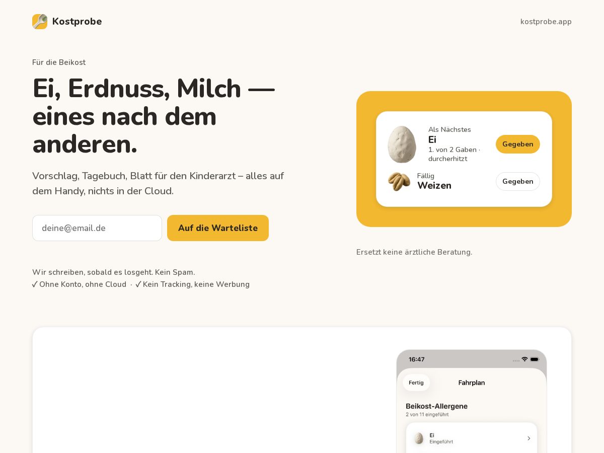 Landing-page snapshot of kostprobe.app