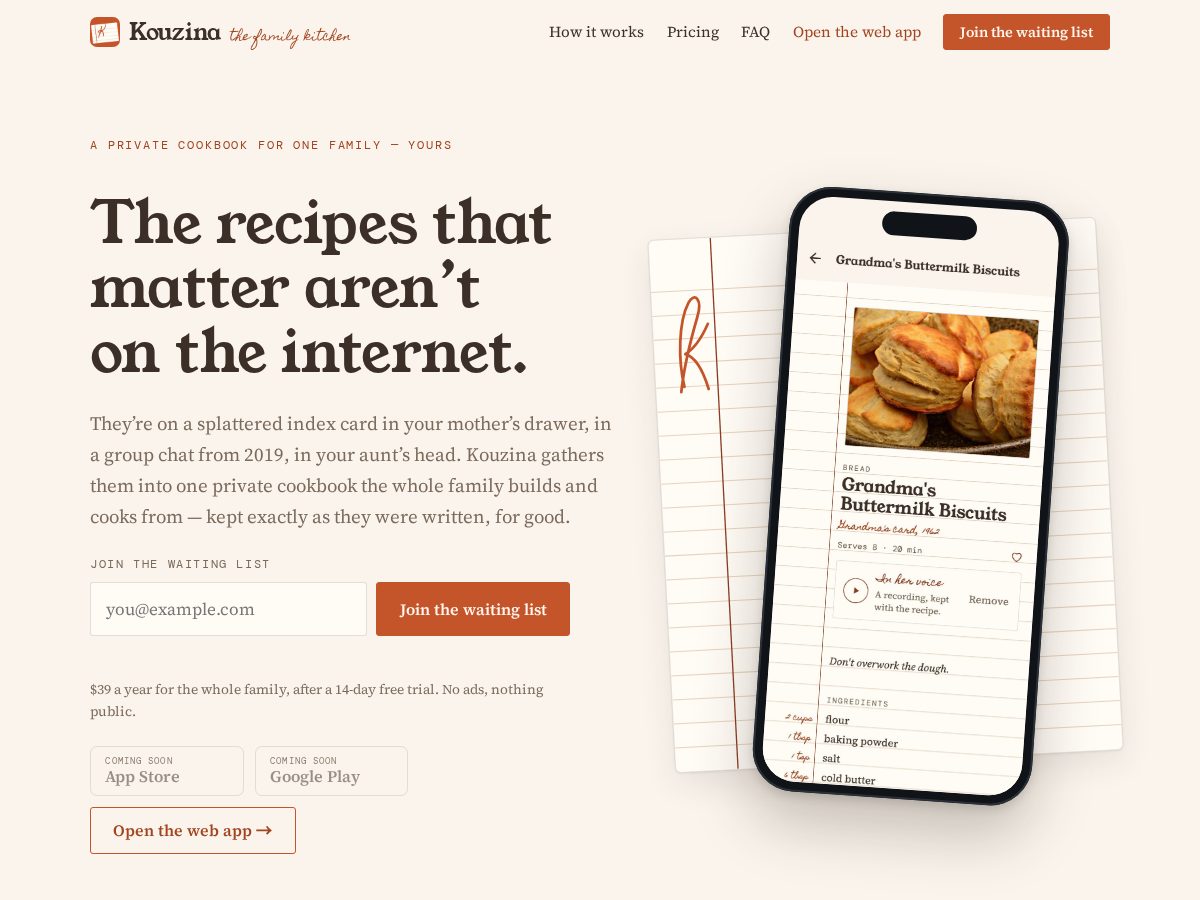 Landing-page snapshot of kouzina.app