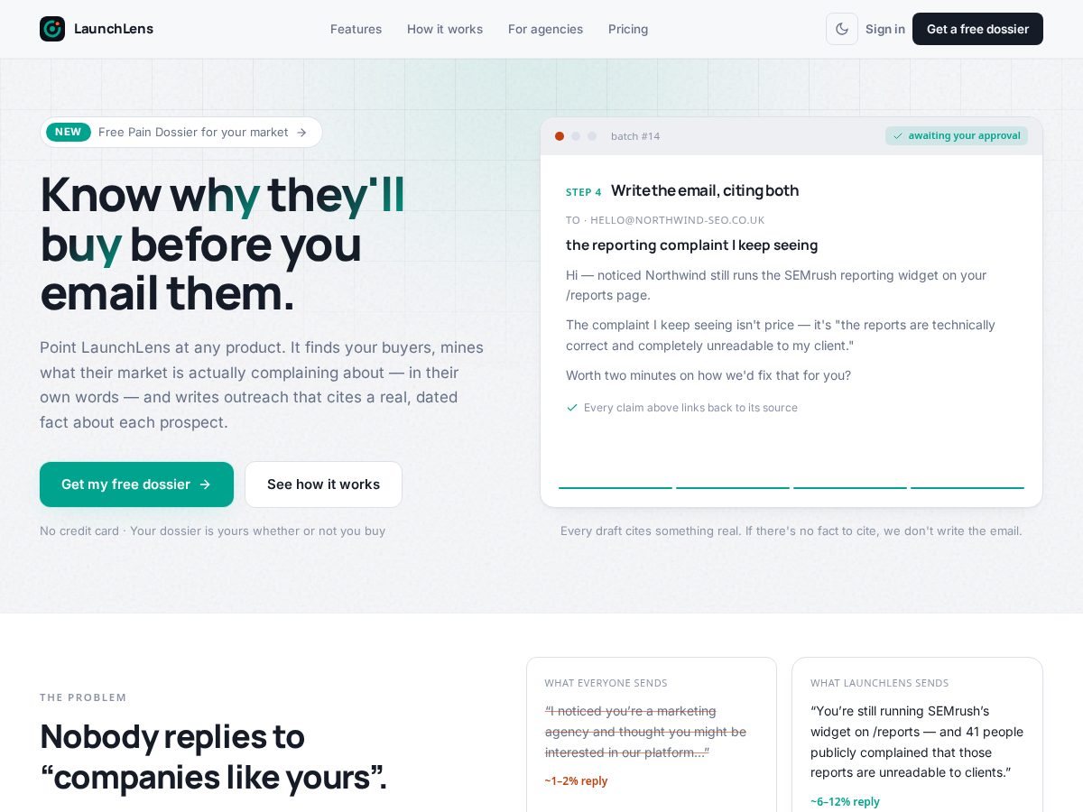 Landing-page snapshot of launchlensai.app