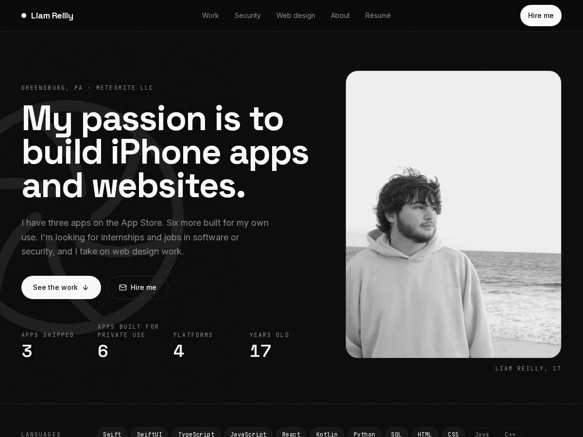 Landing-page snapshot of liamreilly.app
