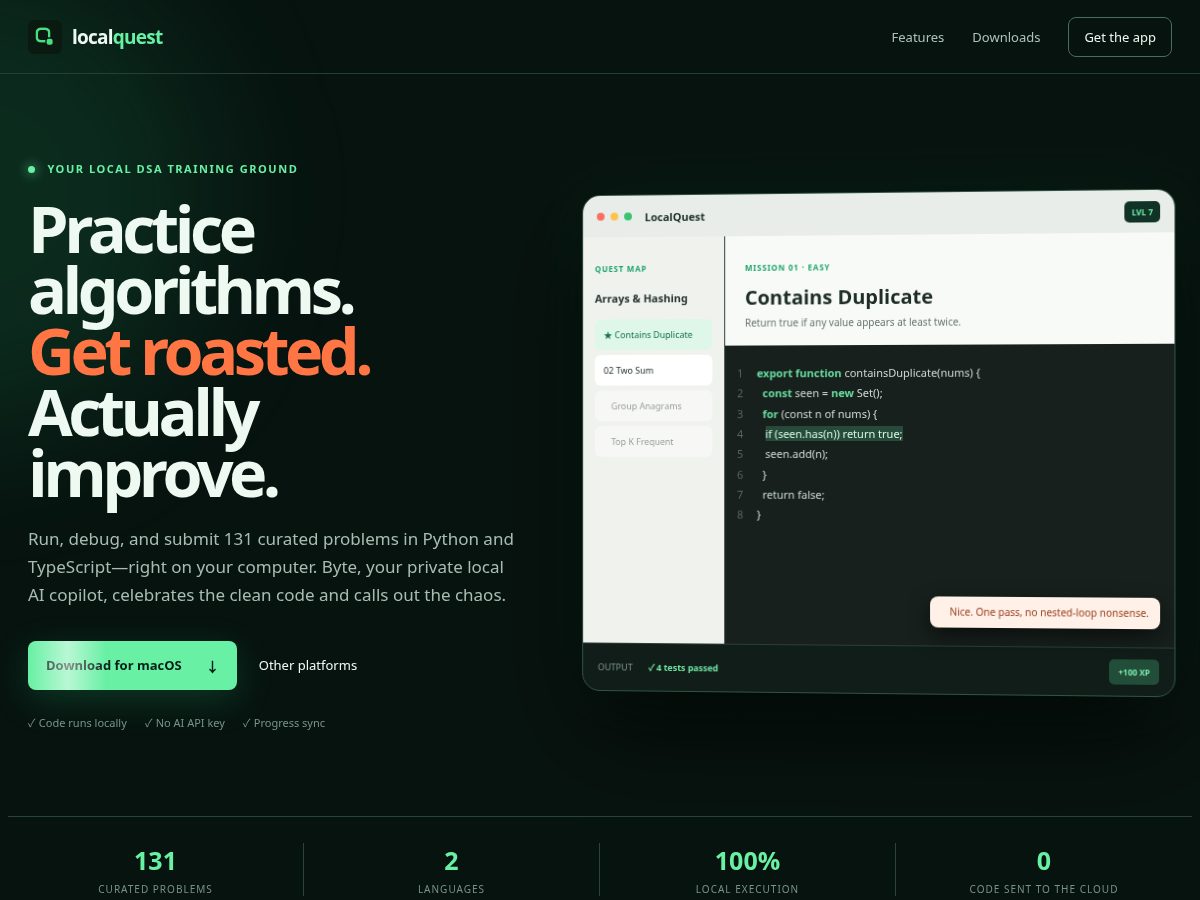 Landing-page snapshot of localquest.dev