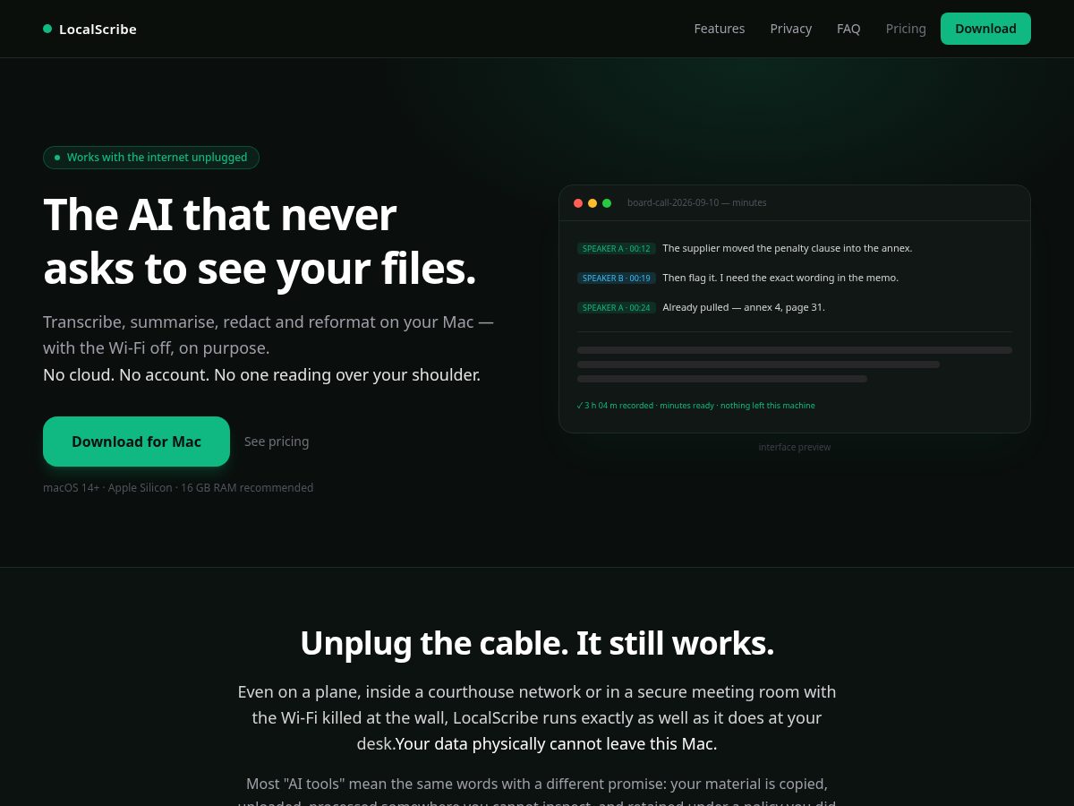 Landing-page snapshot of localscribe.pro