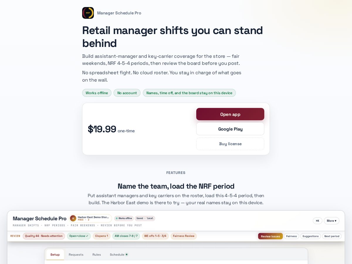 Landing-page snapshot of managerschedulepro.com