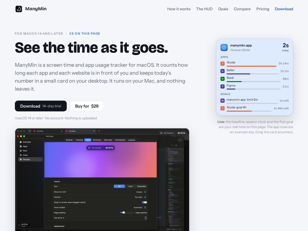 Landing-page snapshot of manymin.app