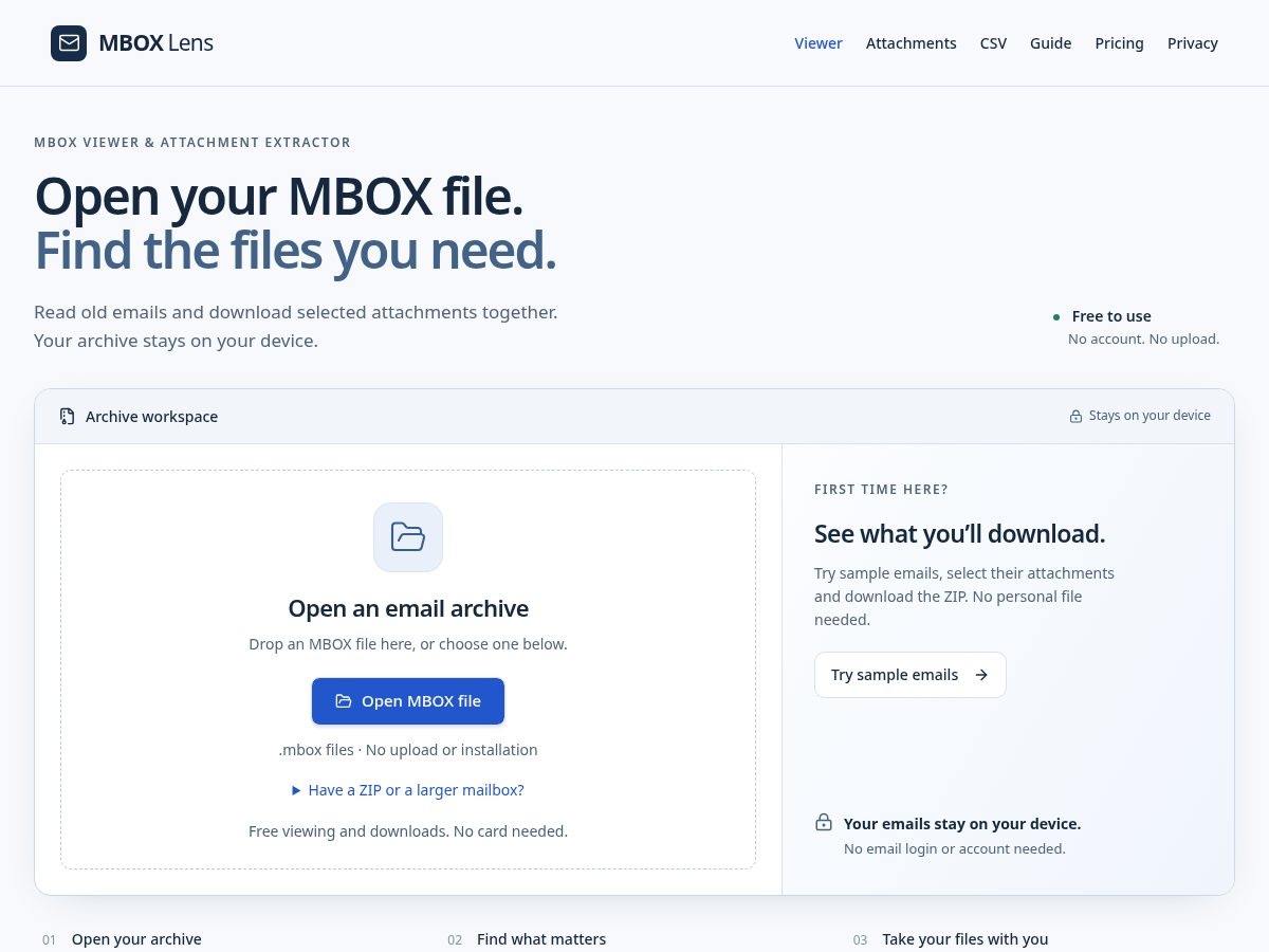 Landing-page snapshot of mboxlens.com
