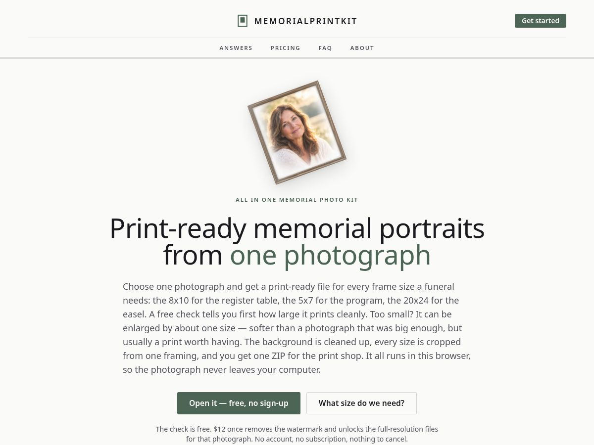 Landing-page snapshot of memorialprintkit.com