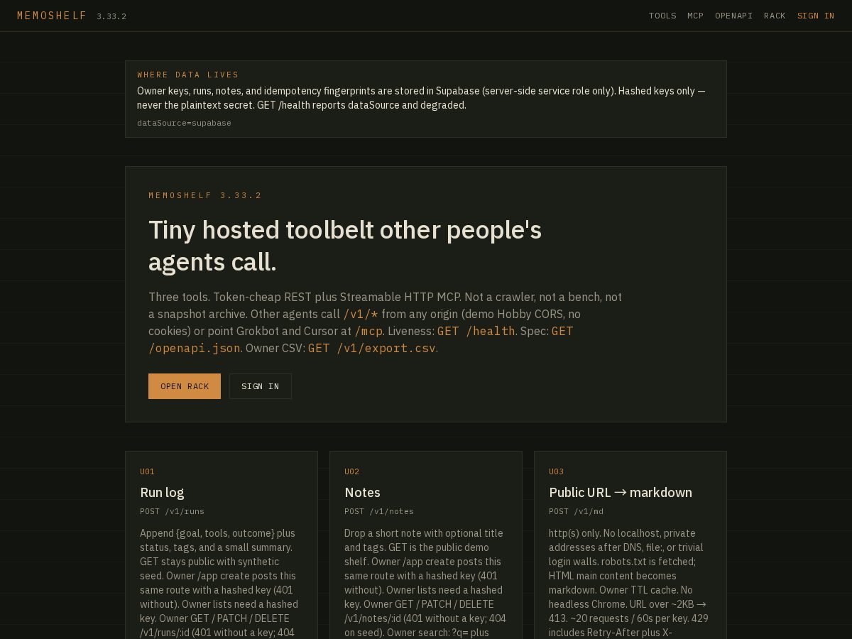 Landing-page snapshot of memoshelf.com
