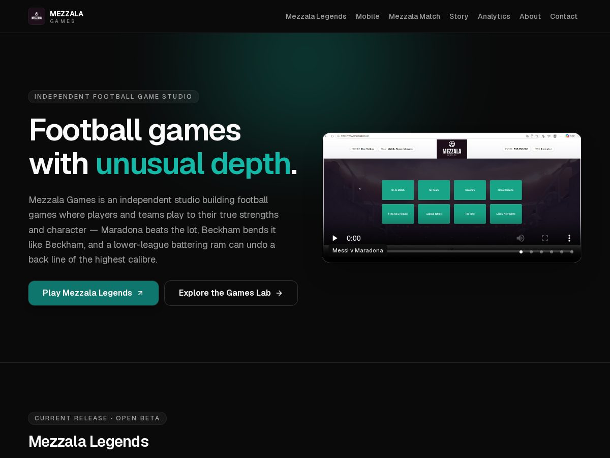 Landing-page snapshot of mezzala.games
