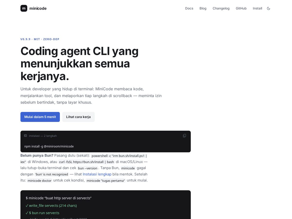 Landing-page snapshot of minicode.fun
