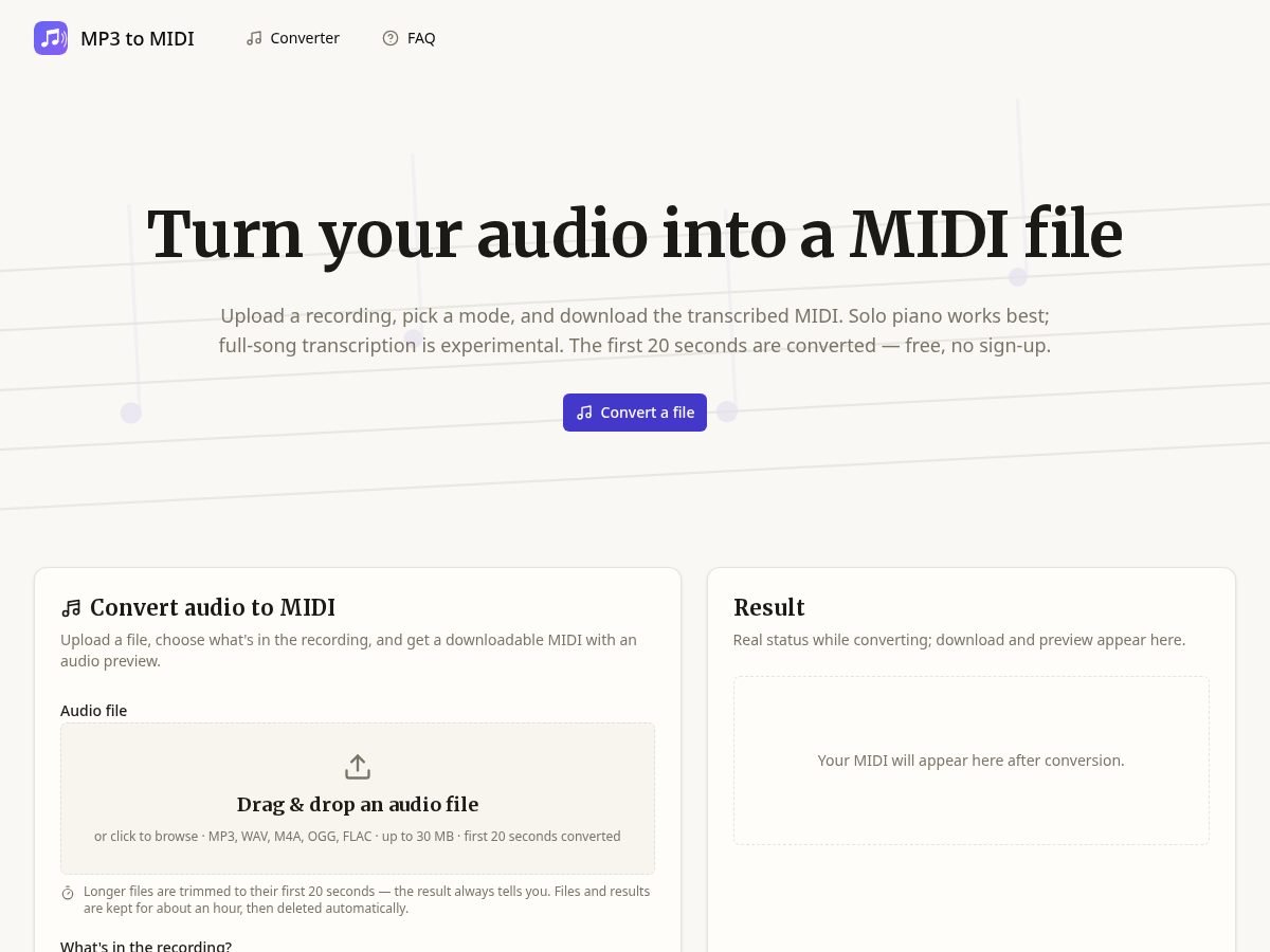 Landing-page snapshot of mp3tomidilab.com