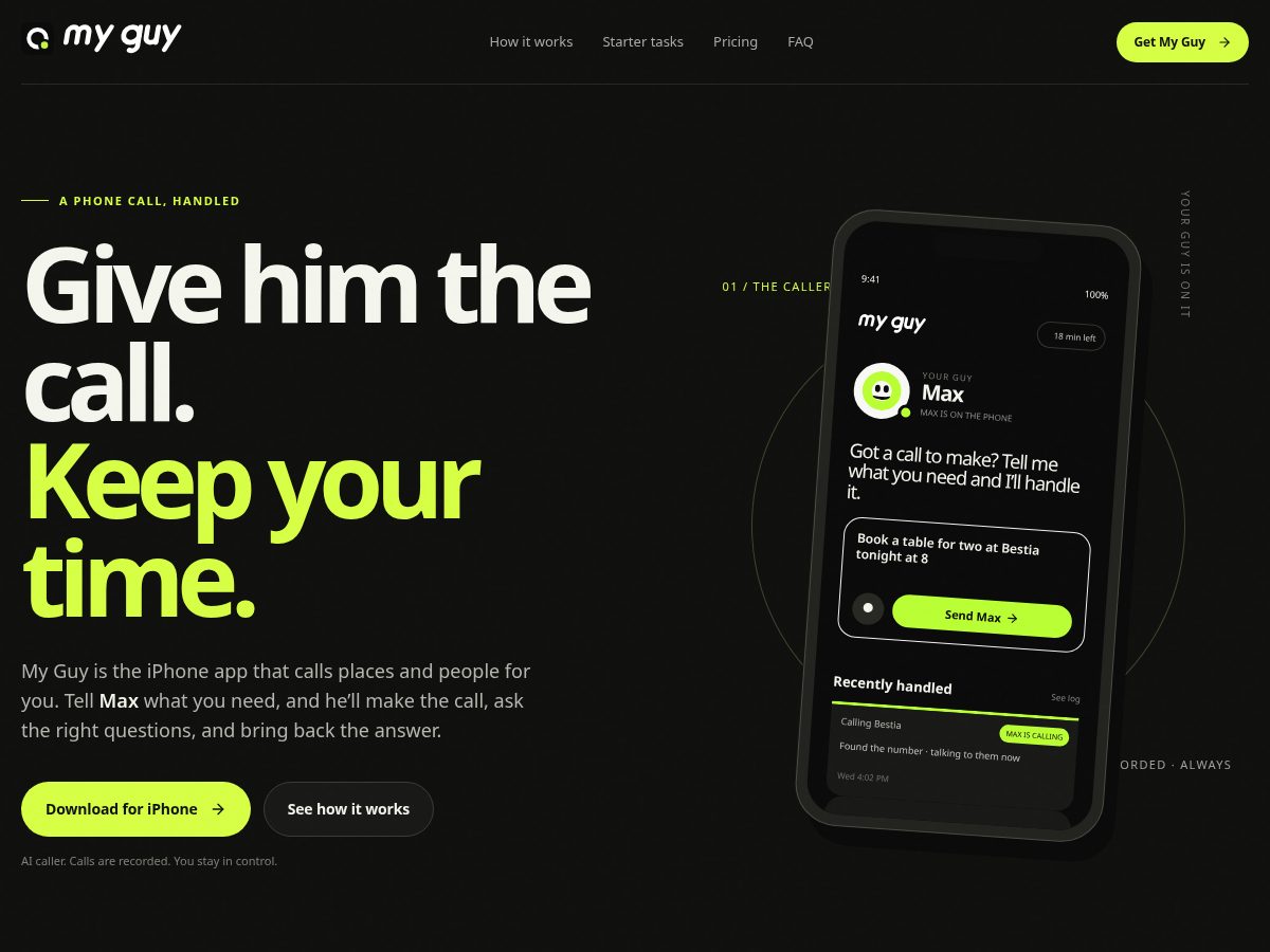 Landing-page snapshot of myguy.fun