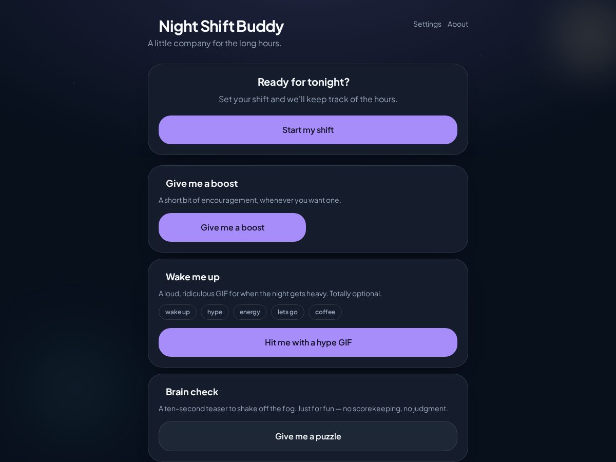 Landing-page snapshot of nightshiftbuddy.app