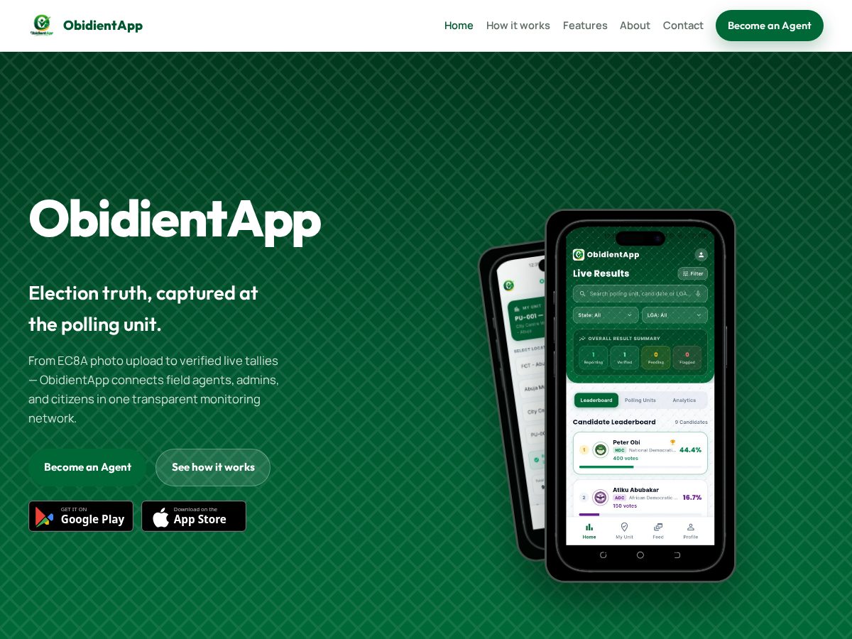 Landing-page snapshot of obidientapp.com