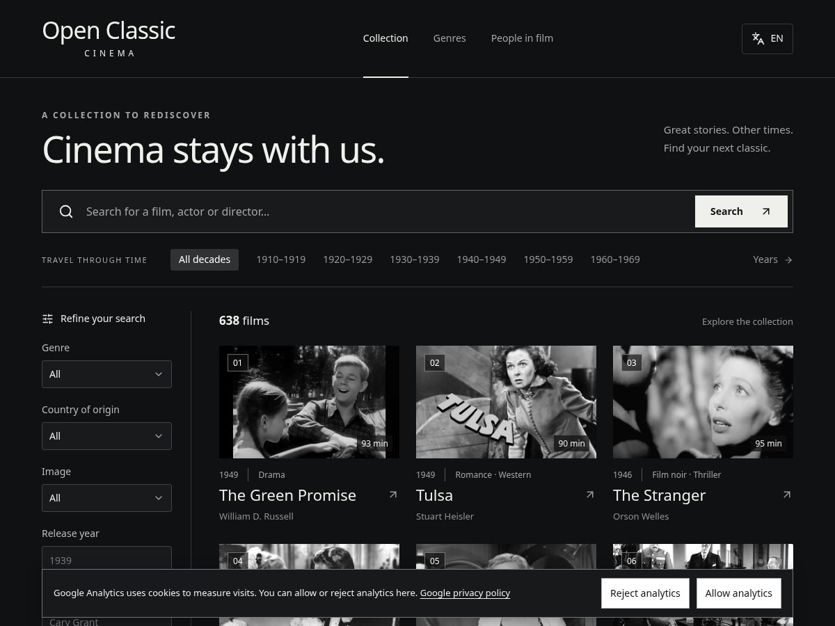 Landing-page snapshot of openclassiccinema.com