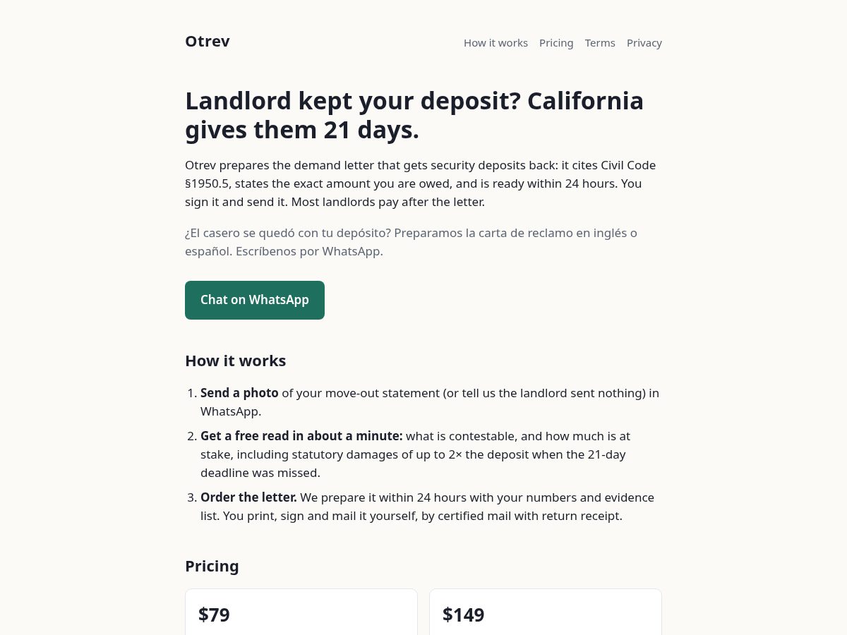 Landing-page snapshot of otrev.com