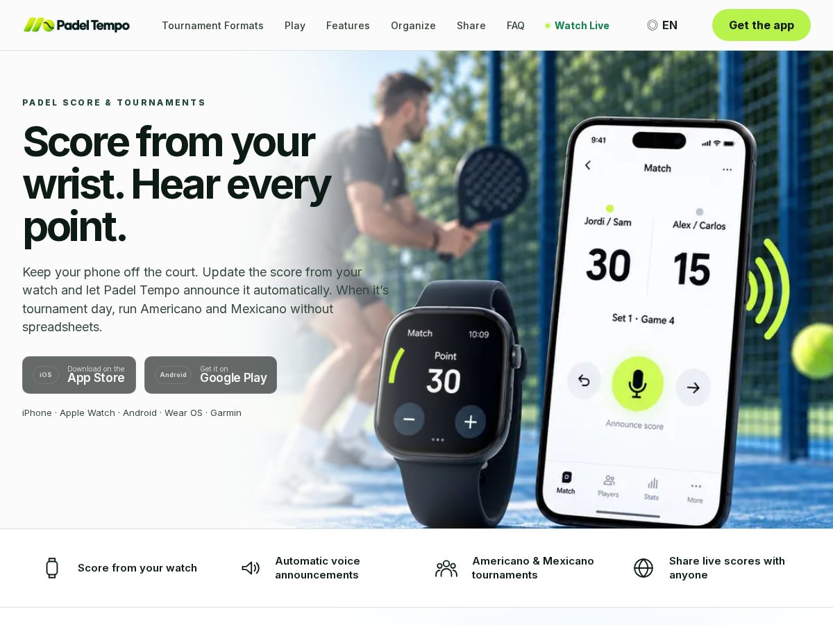 Landing-page snapshot of padeltempo.app