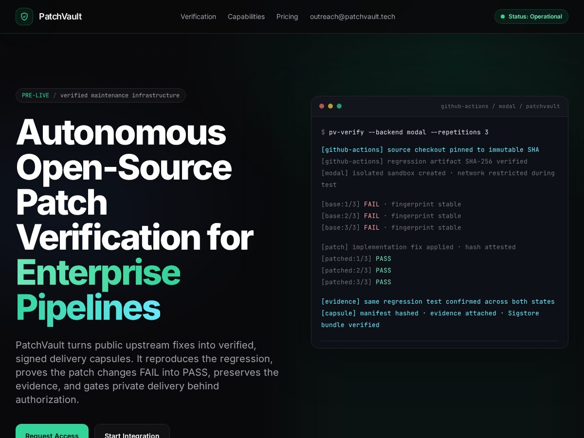 Landing-page snapshot of patchvault.tech