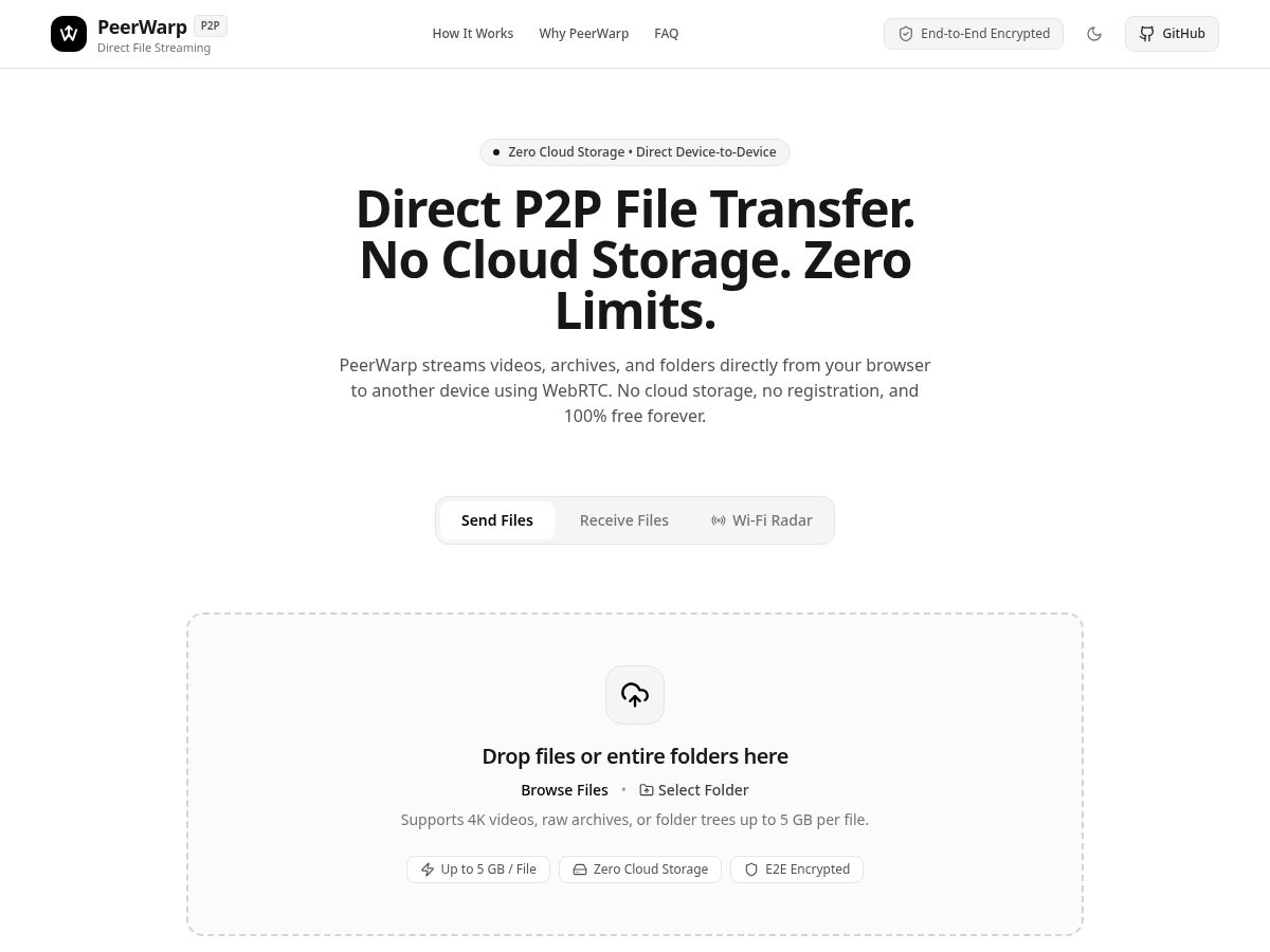 Landing-page snapshot of peerwarp.com