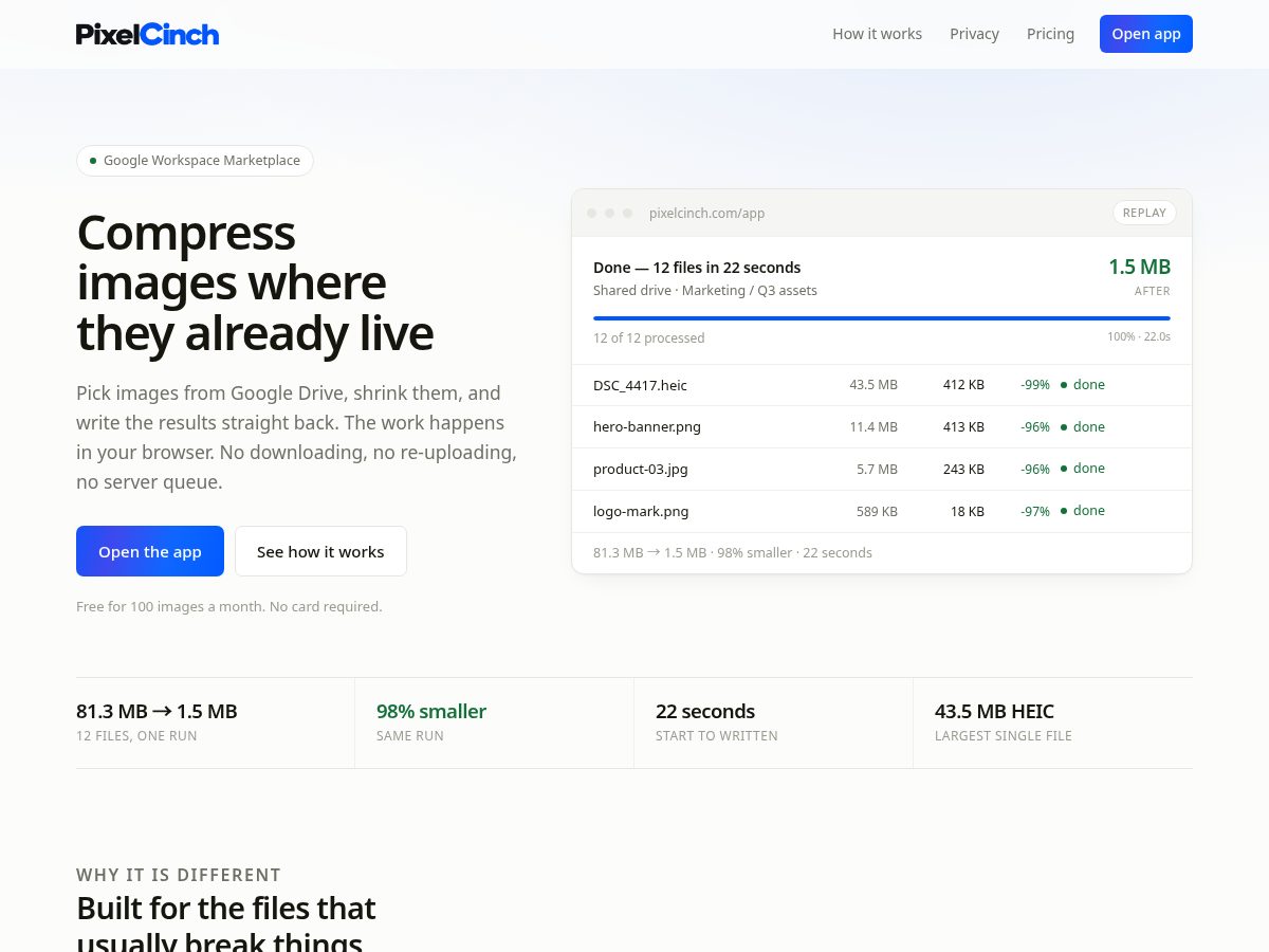Landing-page snapshot of pixelcinch.com