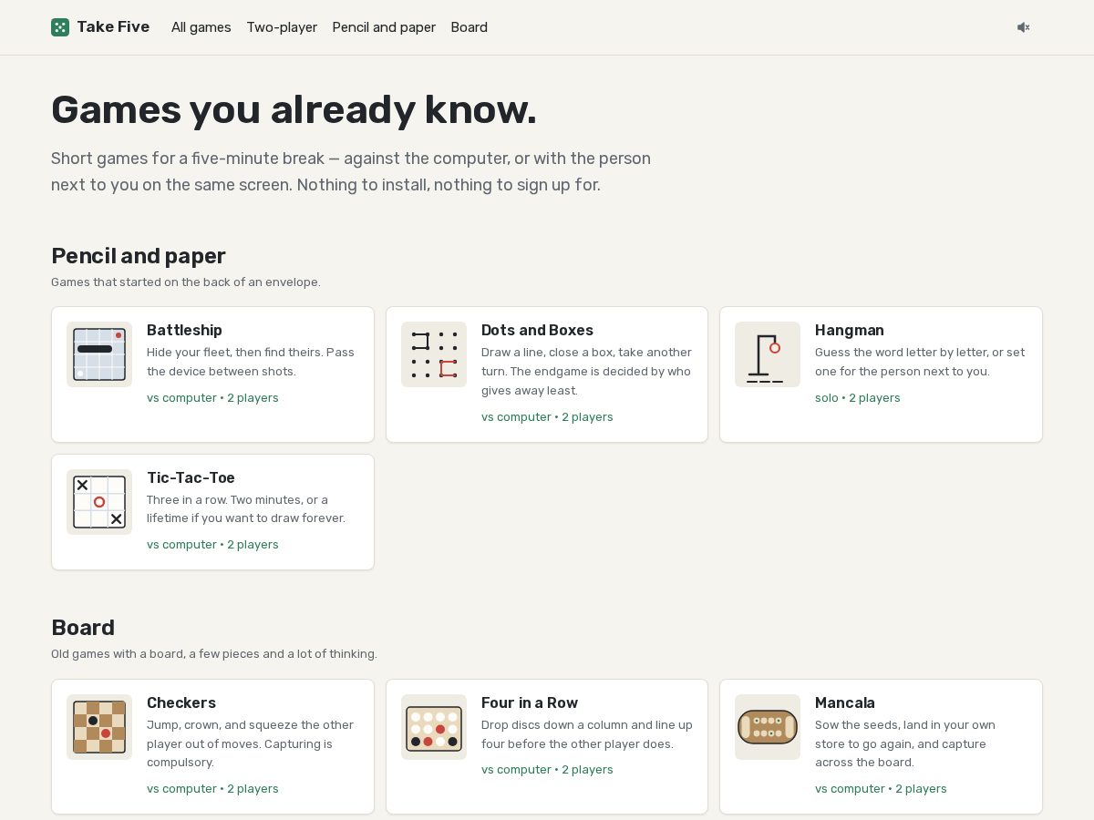 Landing-page snapshot of playtakefive.com
