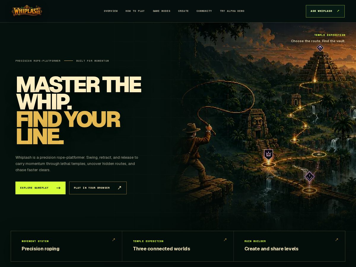 Landing-page snapshot of playwhiplash.dev
