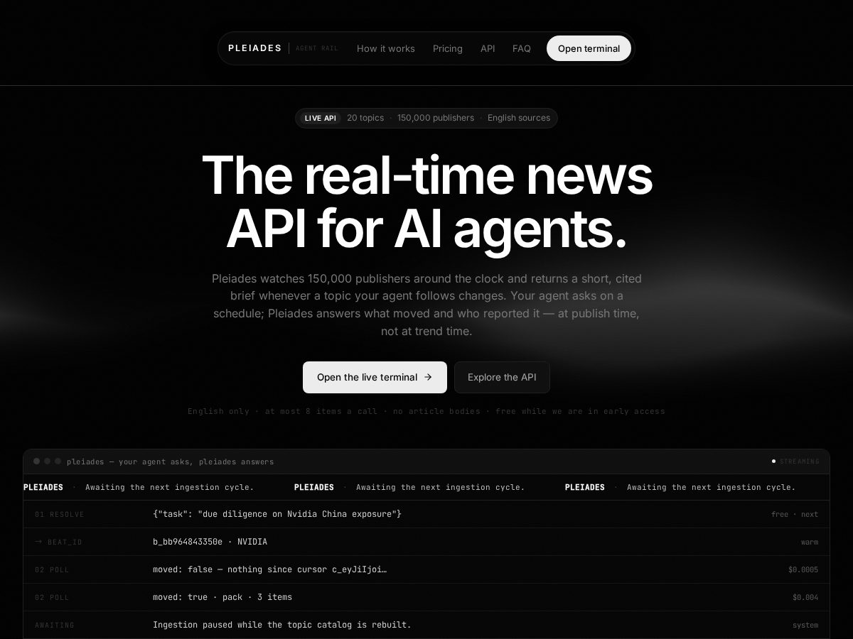 Landing-page snapshot of pleiades.news