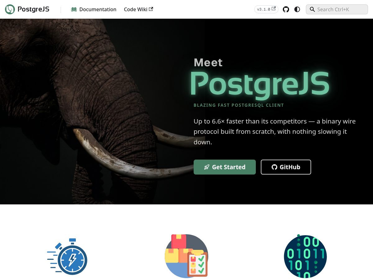 Landing-page snapshot of postgrejs.com
