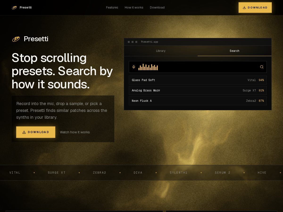 Landing-page snapshot of presetti.app
