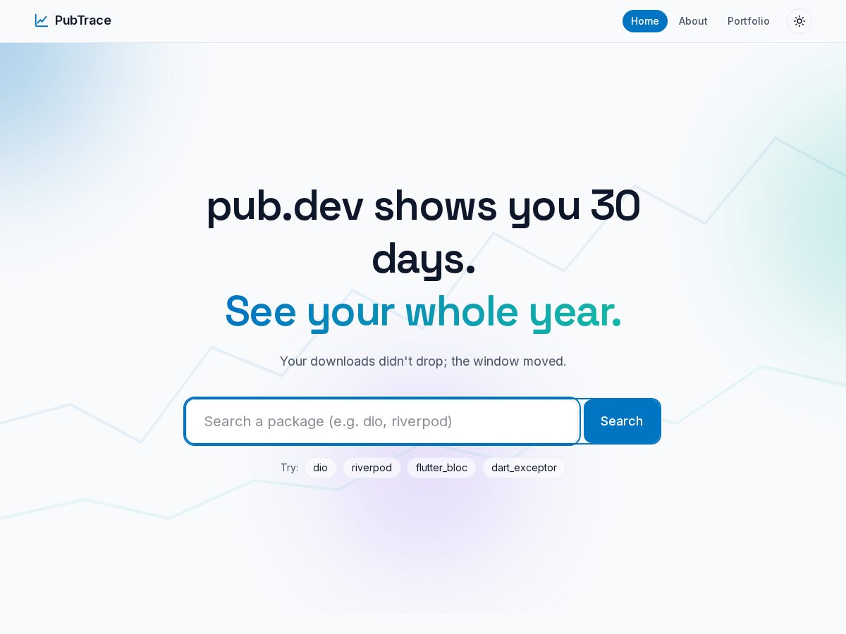 Landing-page snapshot of pubtrace.dev
