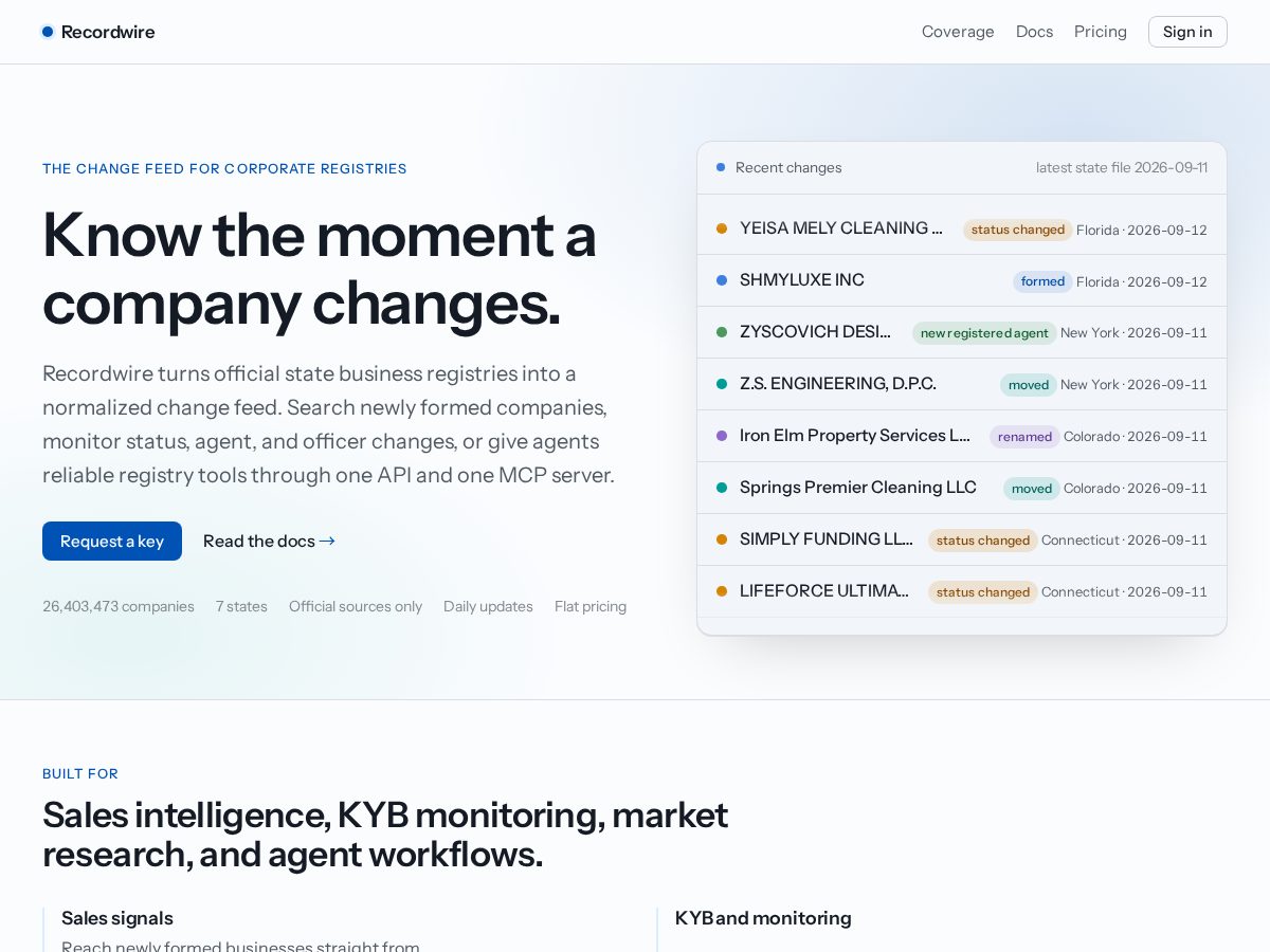 Landing-page snapshot of recordwirehq.com