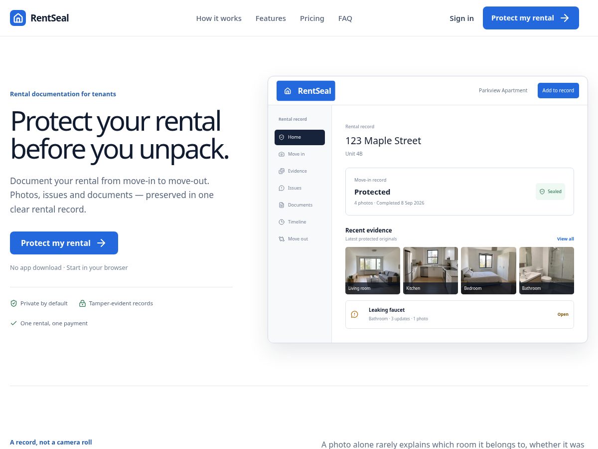Landing-page snapshot of rentseal.app