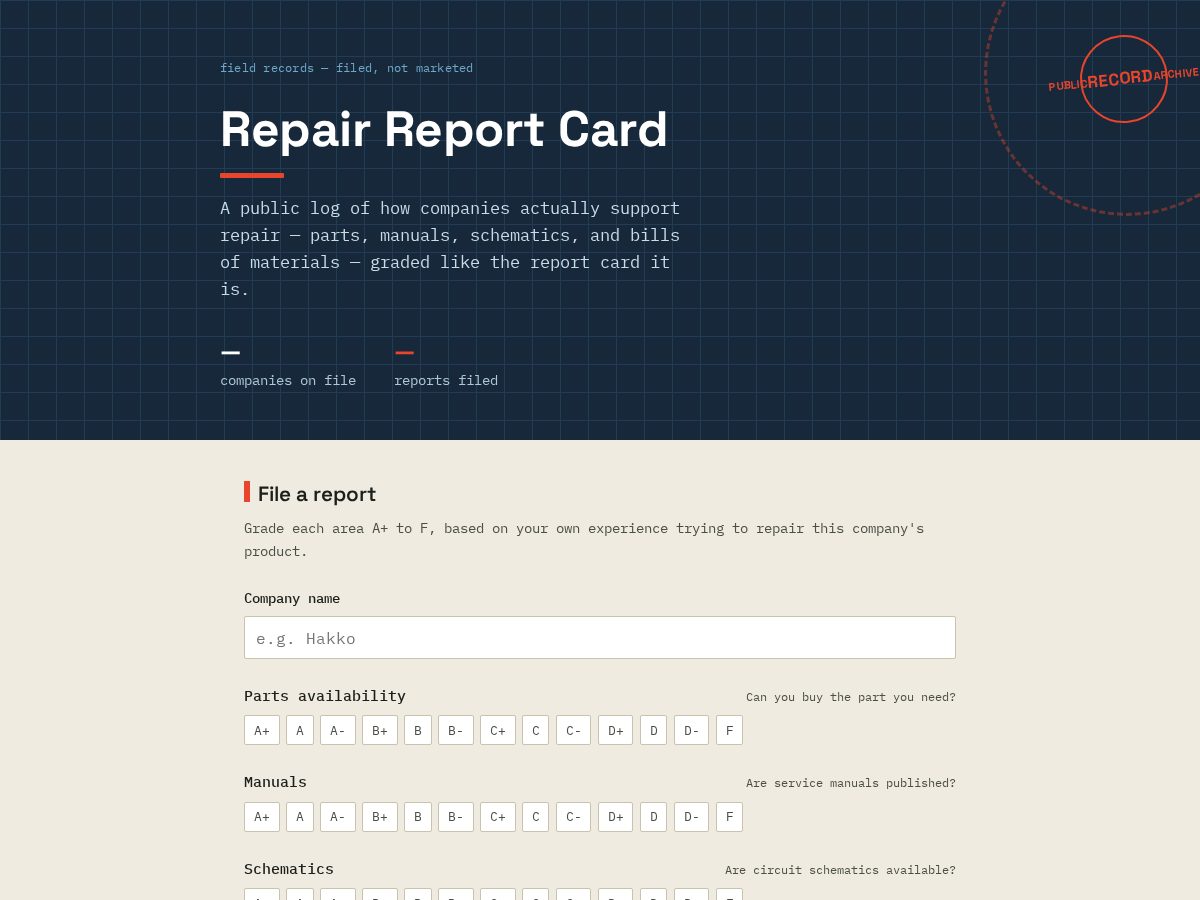 Landing-page snapshot of repairreportcard.com