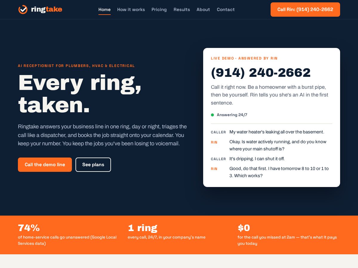 Landing-page snapshot of ringtake.com