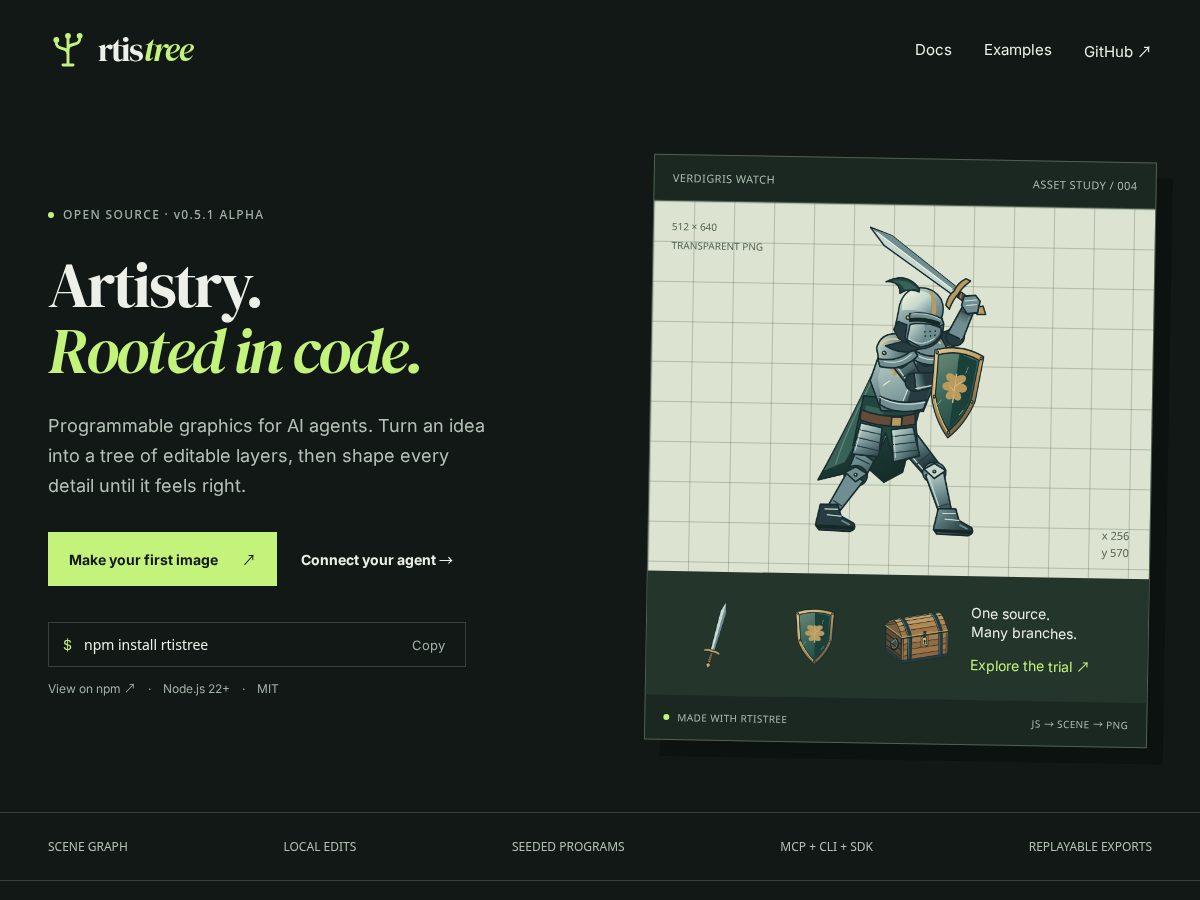 Landing-page snapshot of rtistree.dev