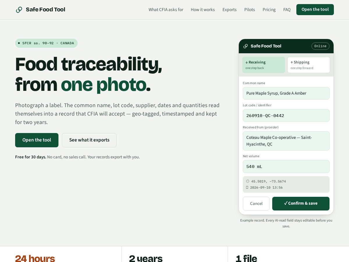 Landing-page snapshot of safefoodtool.com
