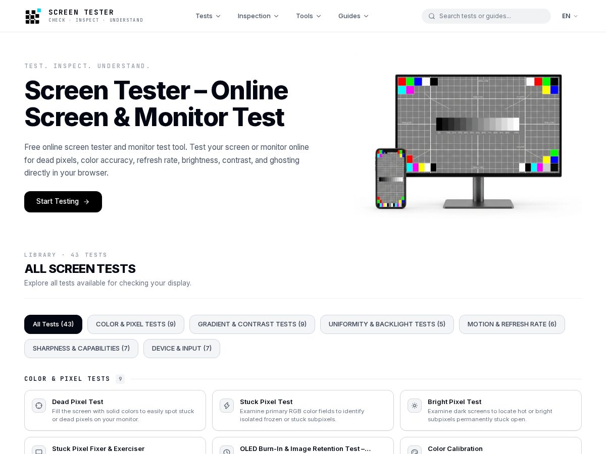 Landing-page snapshot of screen-tester.com