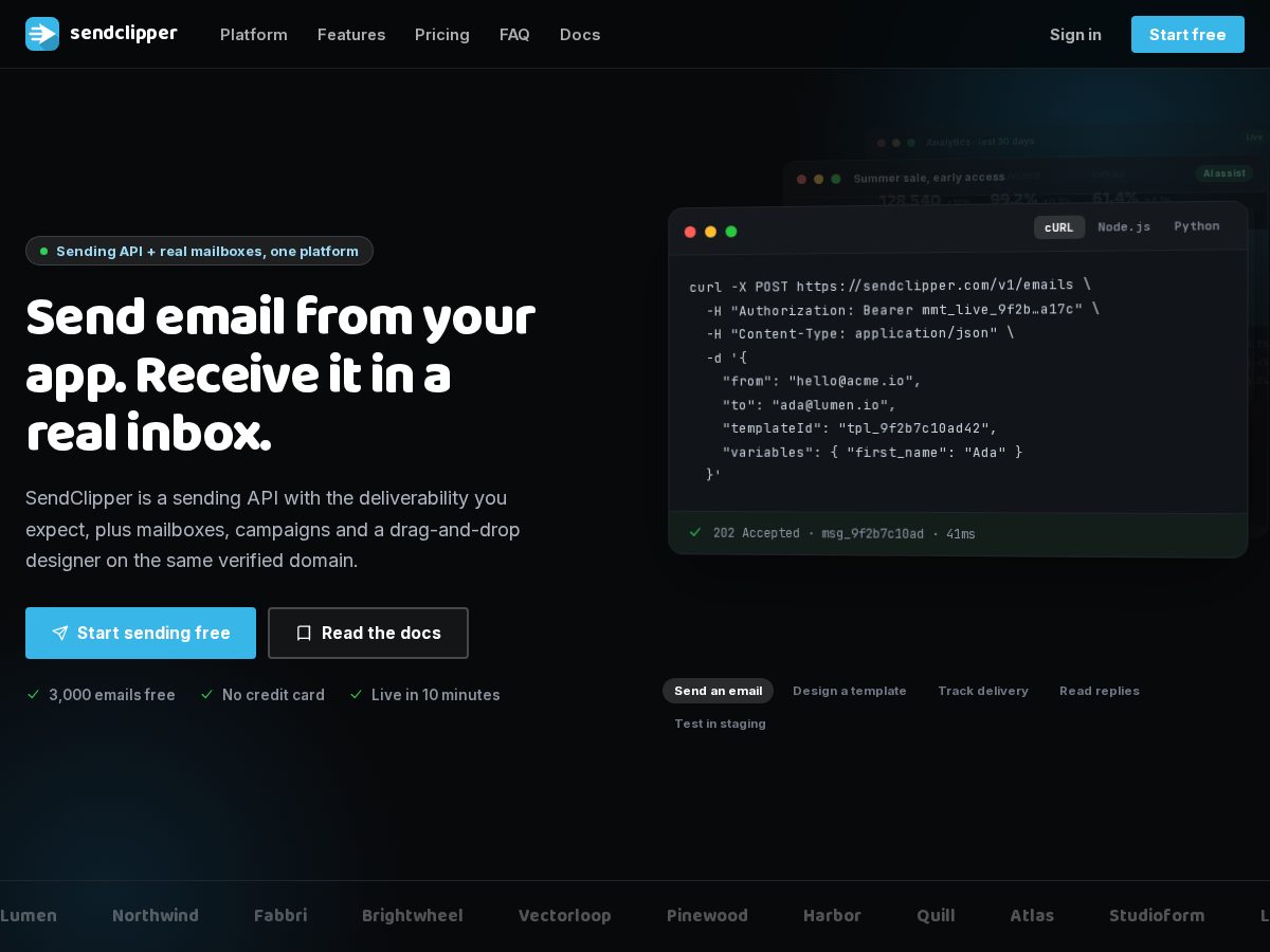 Landing-page snapshot of sendclipper.com