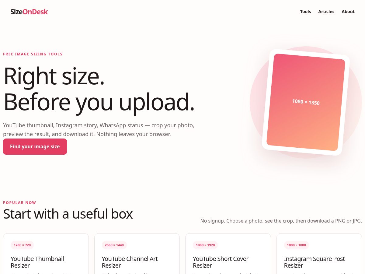 Landing-page snapshot of sizeondesk.space