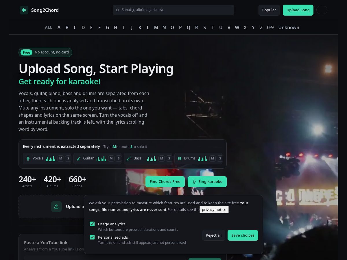 Landing-page snapshot of song2chord.com