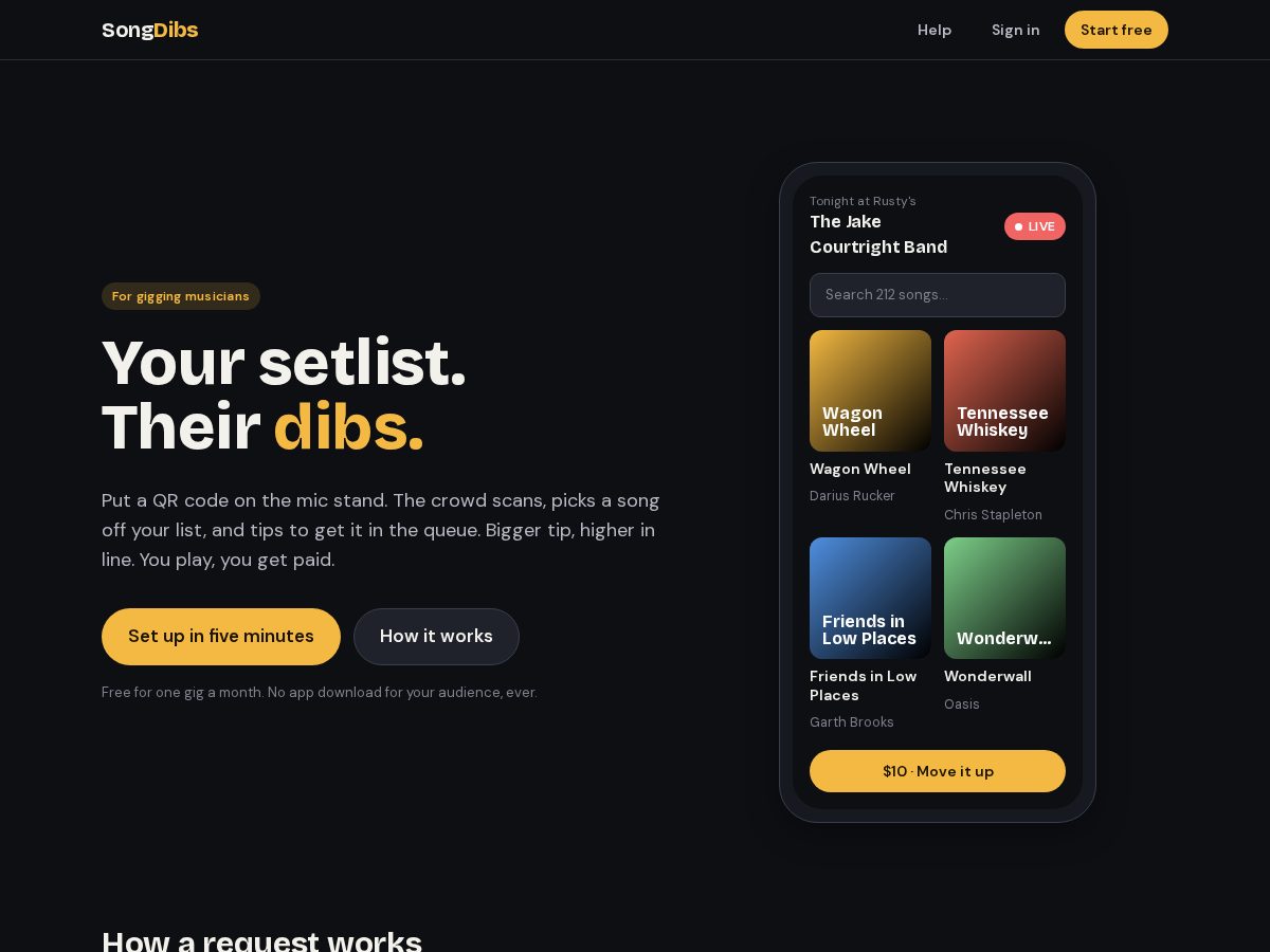 Landing-page snapshot of songdibs.com