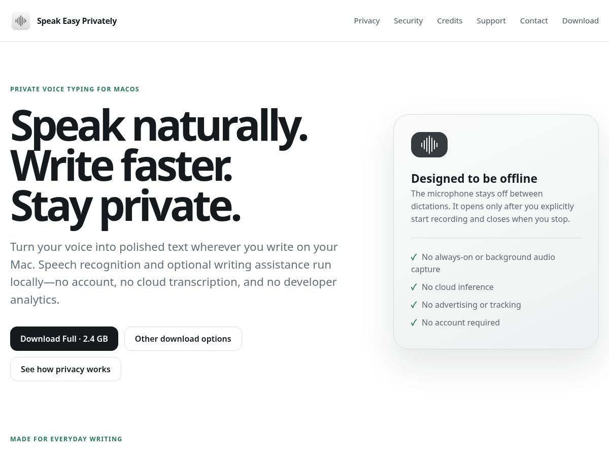 Landing-page snapshot of speakeasyprivately.com