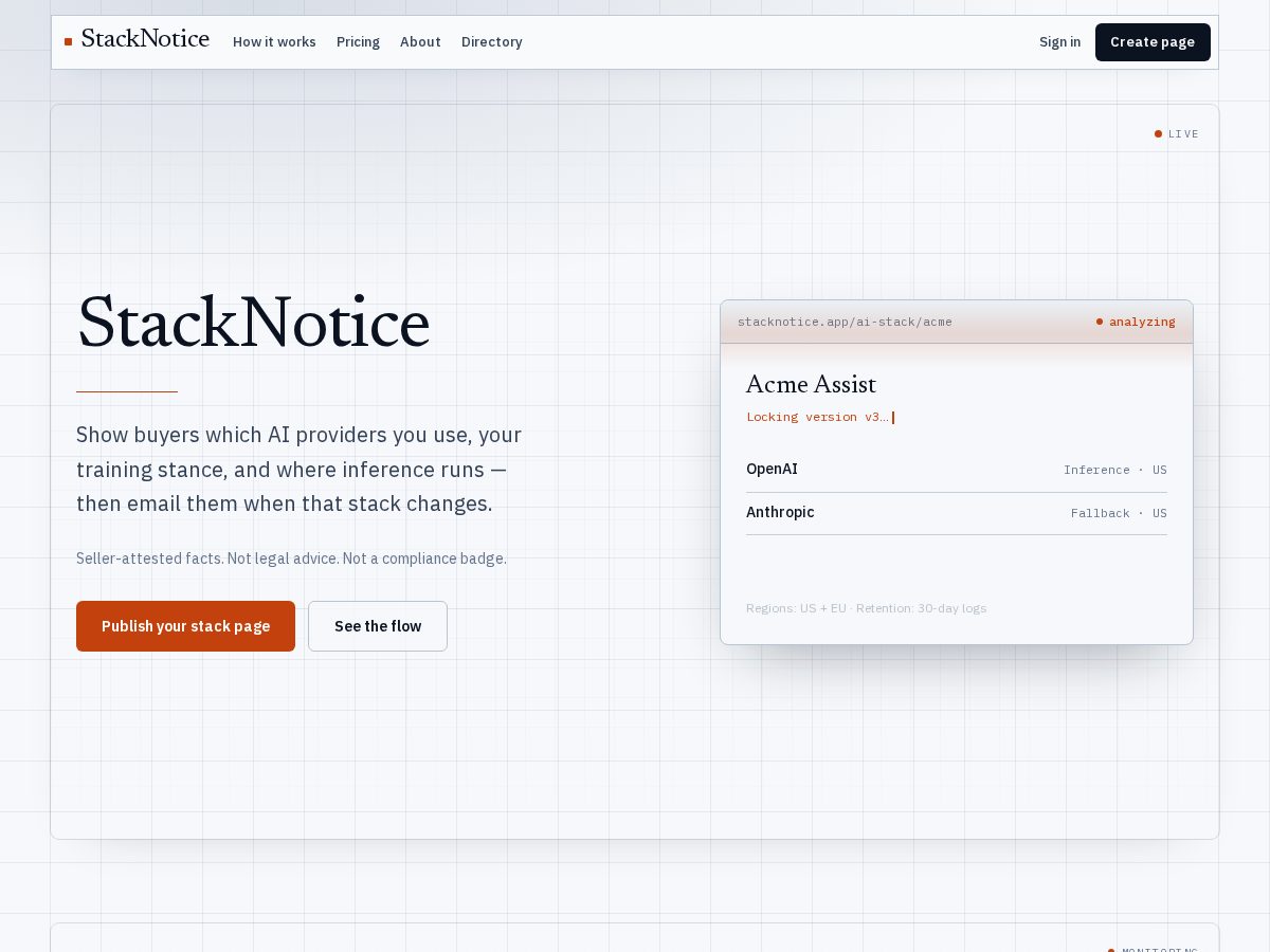 Landing-page snapshot of stacknotice.dev
