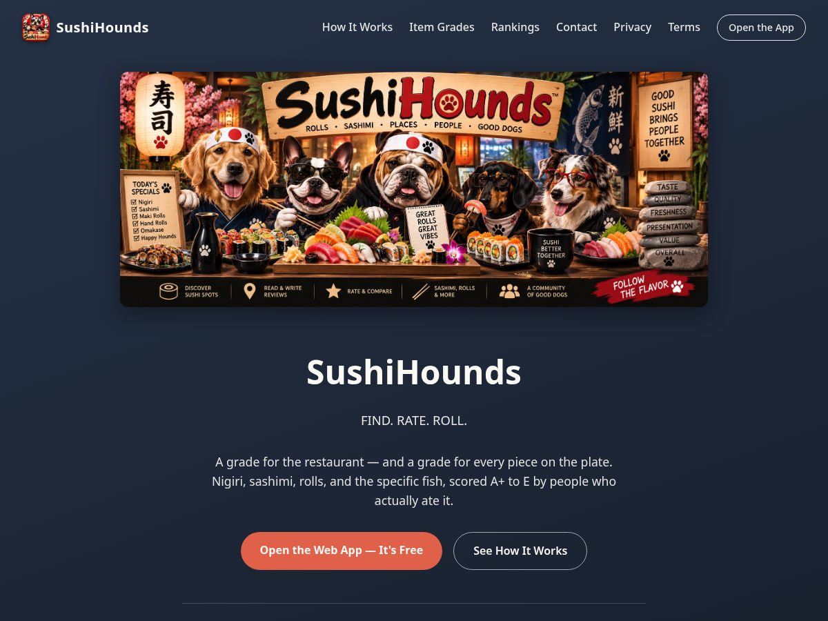 Landing-page snapshot of sushihounds.com