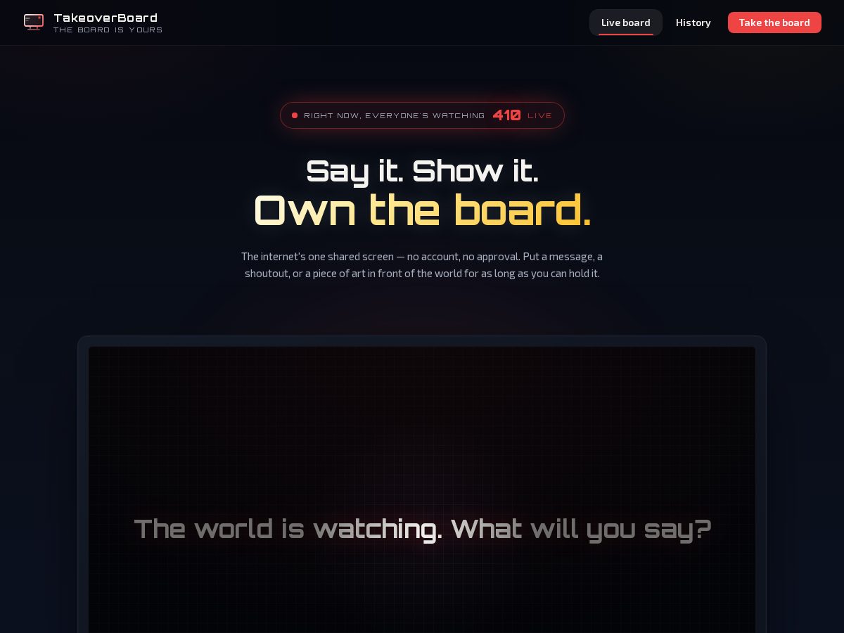 Landing-page snapshot of takeoverboard.online