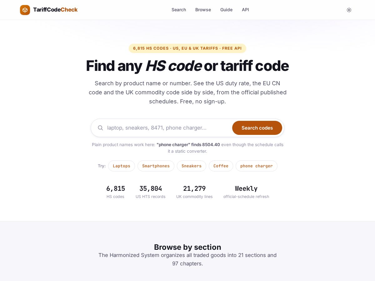 Landing-page snapshot of tariffcodecheck.com